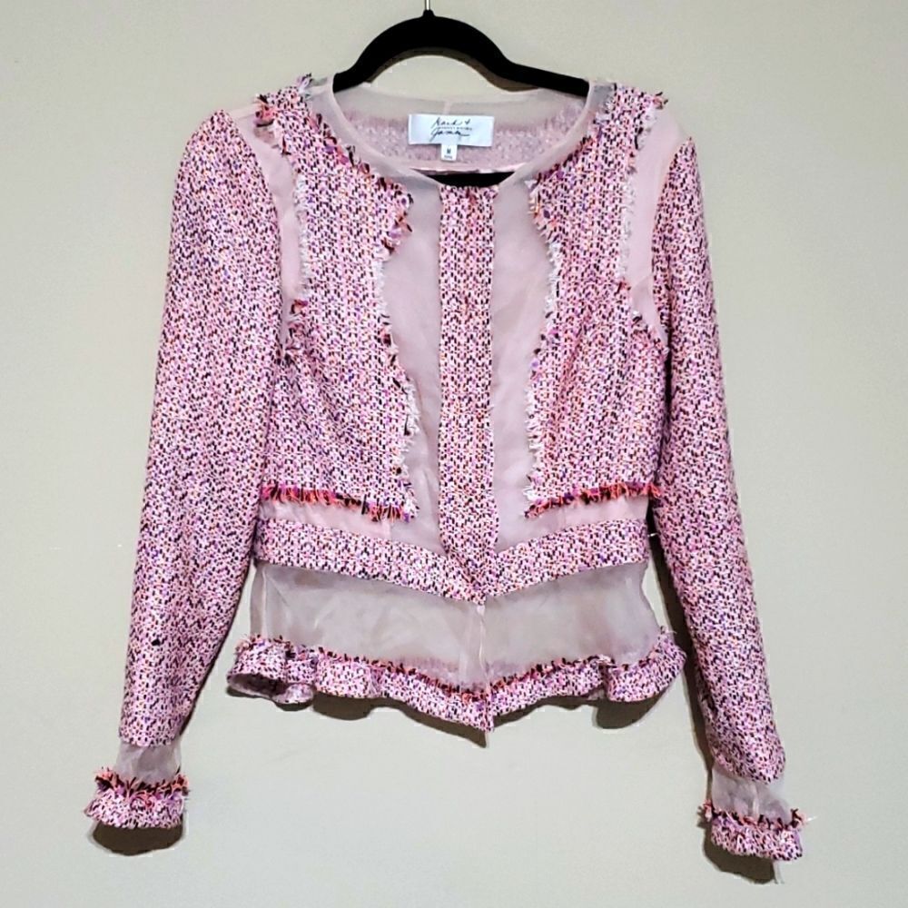 ‎BADGLEY MISCHKA Pink Tweed Jacket with Sheer Panels - Size Medium